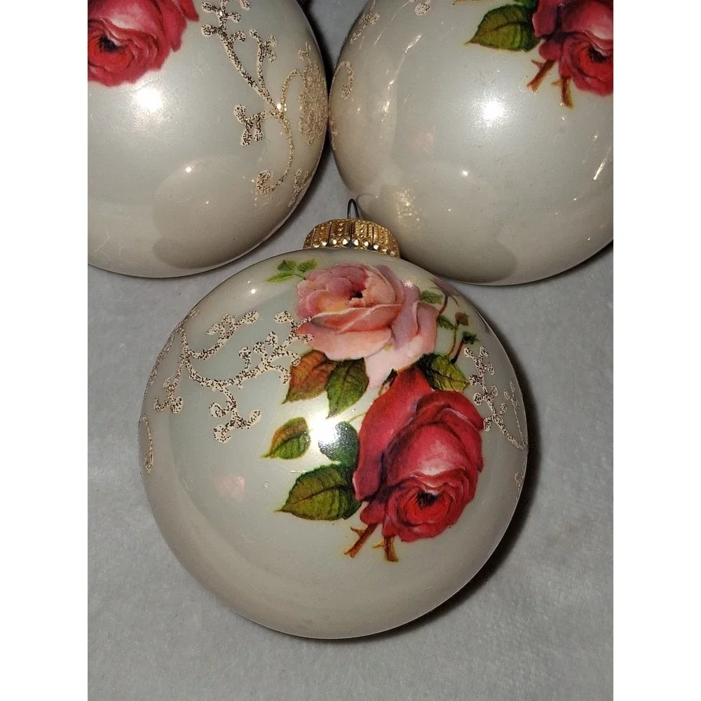 Vintage Krebs Glass Christmas Ornaments Set of 3 Ivory Rose Floral Gold